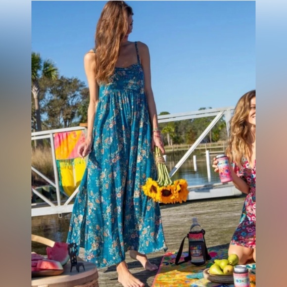 Natural Life | Patti Side Slit Maxi Dress Blue Turquoise Cream Roses New Medium - Picture 8 of 14